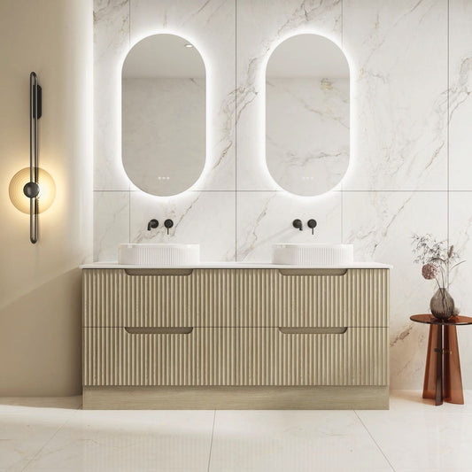 Fluted Rhea 1800mm Freestanding Cabinet - Natural Oak - 1800mm / Natural Oak Cabinet + Luna White Stone Top