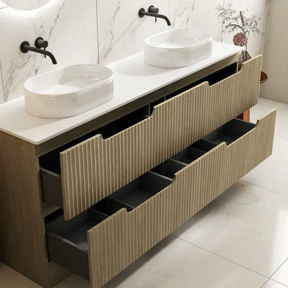 Fluted Rhea 1800mm Freestanding Cabinet - Natural Oak - 1800mm / Natural Oak Cabinet + Black Stone Top