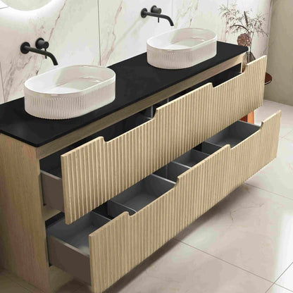 Fluted Rhea 1800mm Freestanding Cabinet - Natural Oak - 1800mm / Natural Oak Cabinet + Luna White Stone Top