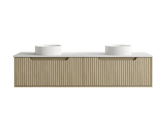 Fluted Rhea 1800mm Wall-Hung Cabinet - Natural Oak - 1800mm / Natural Oak Cabinet + Black Stone Top