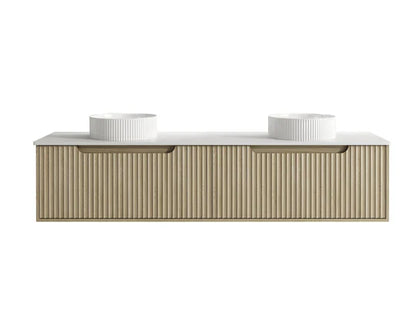 Fluted Rhea 1800mm Wall-Hung Cabinet - Natural Oak - 1800mm / Natural Oak Cabinet + Black Stone Top