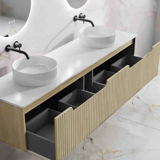 Fluted Rhea 1800mm Wall-Hung Cabinet - Natural Oak - 1800mm / Natural Oak Cabinet + Carrara White Stone Top