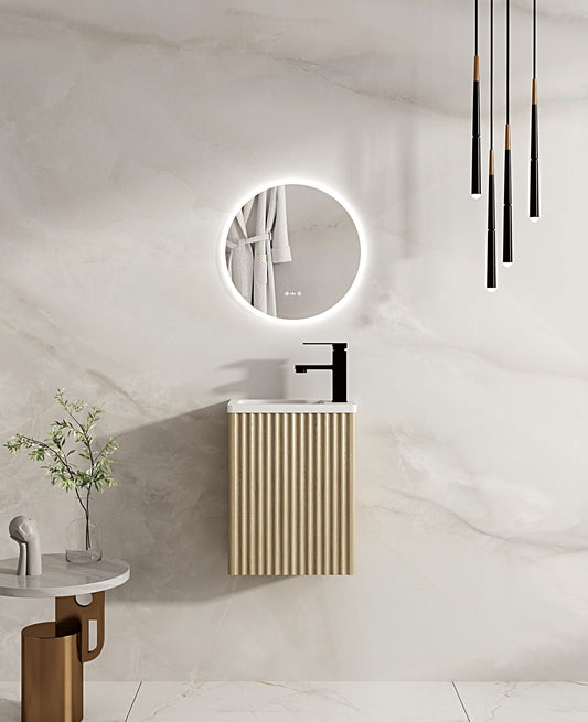 Fluted Rhea 400mm Wall-Hung Cabinet & Gloss White Basin - Natural Oak - 400mm / Natural Oak Cabinet & Poly Gloss White Basin 1TH
