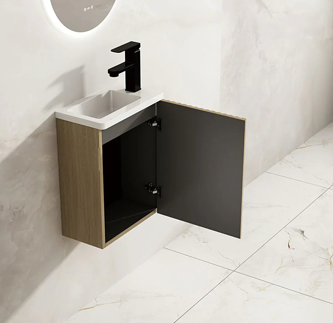 Fluted Rhea 400mm Wall-Hung Cabinet & Gloss White Basin - Natural Oak - 400mm / Natural Oak Cabinet & Poly Gloss White Basin 1TH