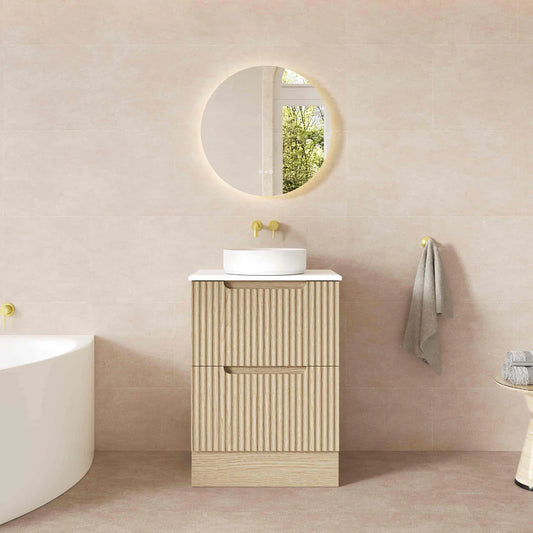 Fluted Rhea 600mm Freestanding Cabinet - Natural Oak - 600mm / Natural Oak Cabinet + Carrara White Stone Top