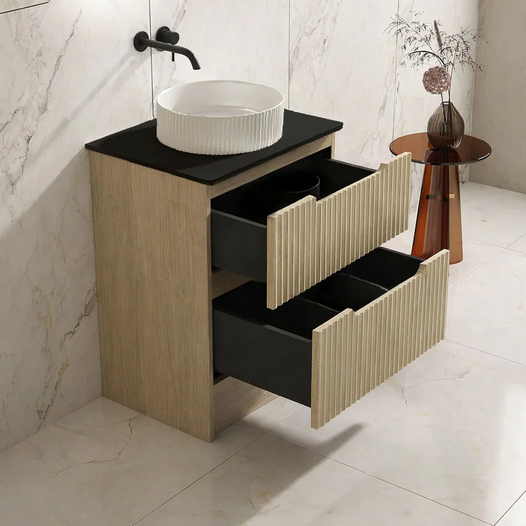 Fluted Rhea 600mm Freestanding Cabinet - Natural Oak - 600mm / Natural Oak Cabinet + Black Stone Top