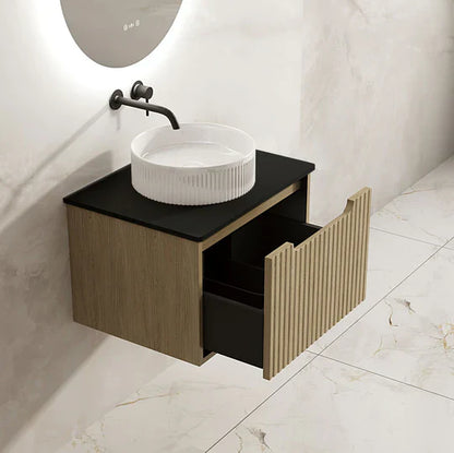 Fluted Rhea 600mm Wall-Hung Cabinet - Natural Oak - 600mm / Natural Oak Cabinet & Black Stone