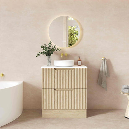 Fluted Rhea 750mm Freestanding Cabinet - Natural Oak - 750mm / Natural Oak Cabinet + White Stone Top