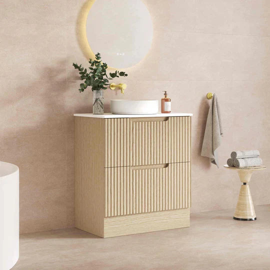 Fluted Rhea 750mm Freestanding Cabinet - Natural Oak - 750mm / Natural Oak Cabinet + Carrara White Stone Top