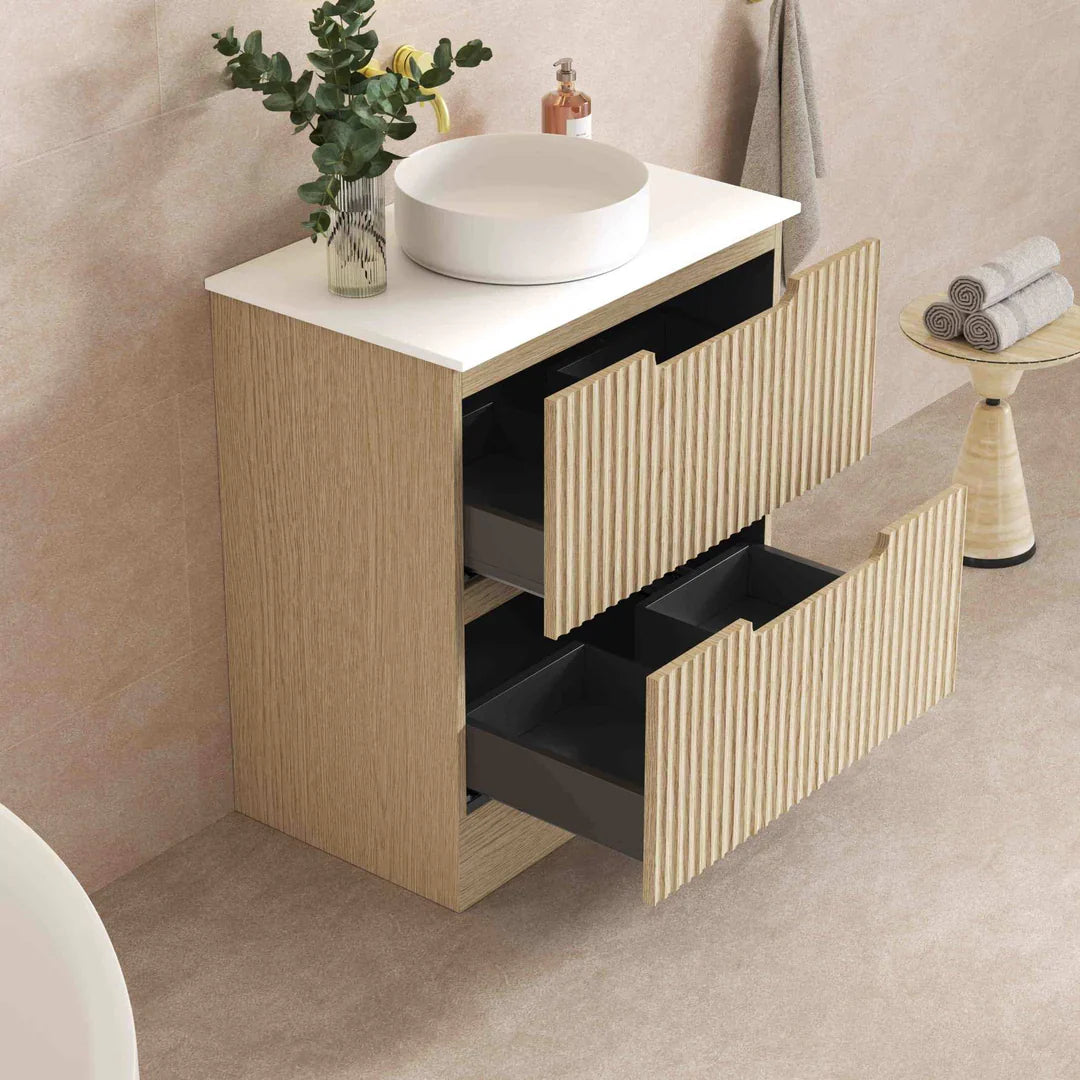 Fluted Rhea 750mm Freestanding Cabinet - Natural Oak - 750mm / Natural Oak Cabinet + Black Stone Top