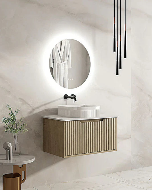 Fluted Rhea 750mm Wall-Hung Cabinet - Natural Oak - 750mm / Natural Oak Cabinet Only