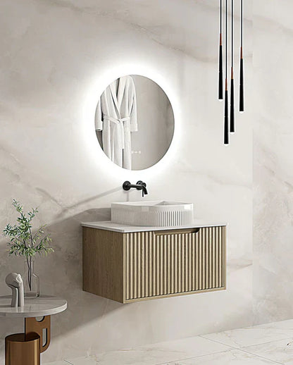 Fluted Rhea 750mm Wall-Hung Cabinet - Natural Oak - 750mm / Natural Oak Cabinet & Carrara Stone Top