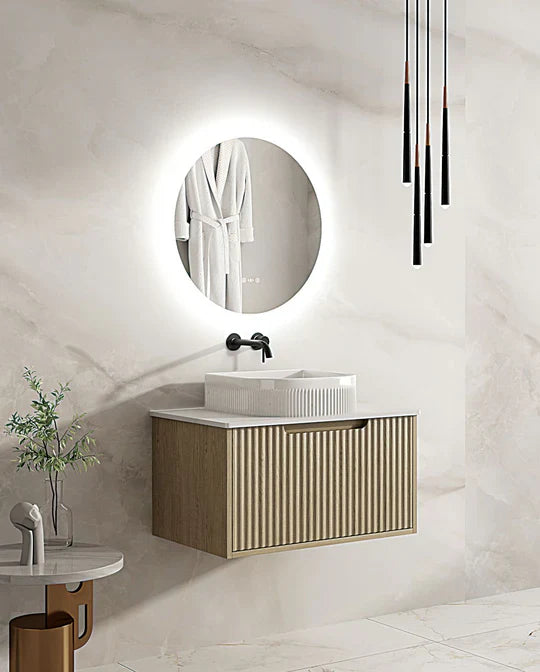 Fluted Rhea 750mm Wall-Hung Cabinet - Natural Oak - 750mm / Natural Oak Cabinet & Black Stone