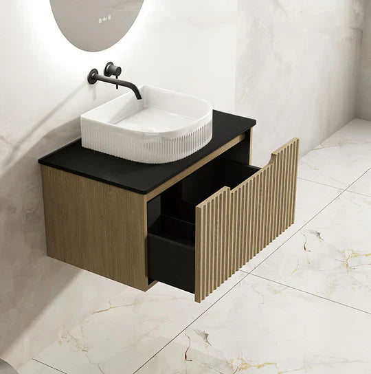 Fluted Rhea 750mm Wall-Hung Cabinet - Natural Oak - 750mm / Natural Oak Cabinet & Black Stone