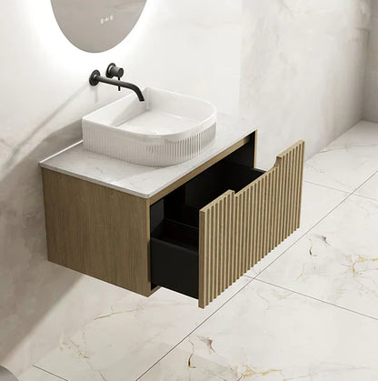 Fluted Rhea 750mm Wall-Hung Cabinet - Natural Oak - 750mm / Natural Oak Cabinet & Carrara Stone Top