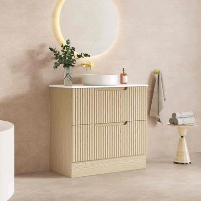 Fluted Rhea 900mm Freestanding Cabinet - Natural Oak - 900mm / Natural Oak Cabinet + Black Stone Top