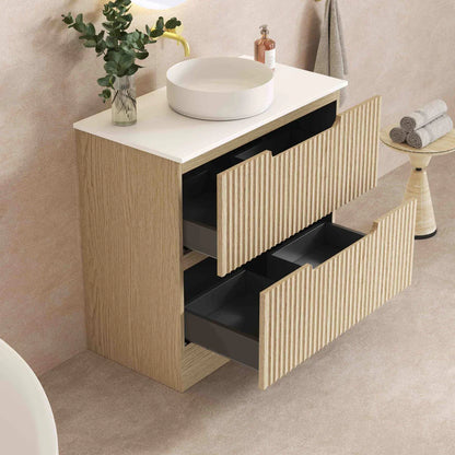 Fluted Rhea 900mm Freestanding Cabinet - Natural Oak - 900mm / Natural Oak Cabinet + Carrara White Stone Top
