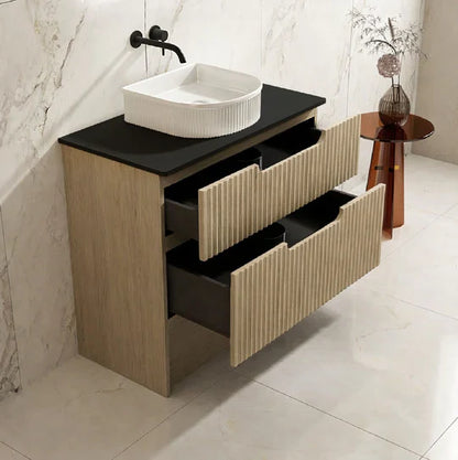 Fluted Rhea 900mm Freestanding Cabinet - Natural Oak - 900mm / Natural Oak Cabinet + Carrara White Stone Top