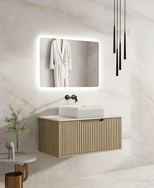 Fluted Rhea 900mm Wall-Hung Cabinet - Natural Oak - 900mm / Natural Oak Cabinet & White Stone Top