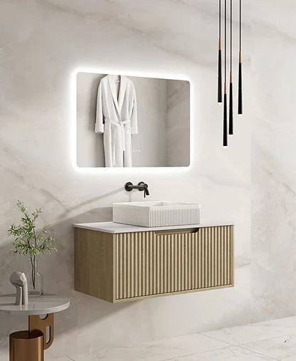 Fluted Rhea 900mm Wall-Hung Cabinet - Natural Oak - 900mm / Natural Oak Cabinet & White Stone Top