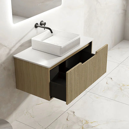 Fluted Rhea 900mm Wall-Hung Cabinet - Natural Oak - 900mm / Natural Oak Cabinet & White Stone Top