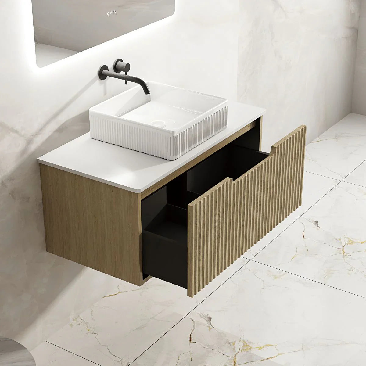 Fluted Rhea 900mm Wall-Hung Cabinet - Natural Oak - 900mm / Natural Oak Cabinet Only