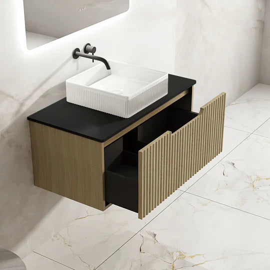 Fluted Rhea 900mm Wall-Hung Cabinet - Natural Oak - 900mm / Natural Oak Cabinet Only