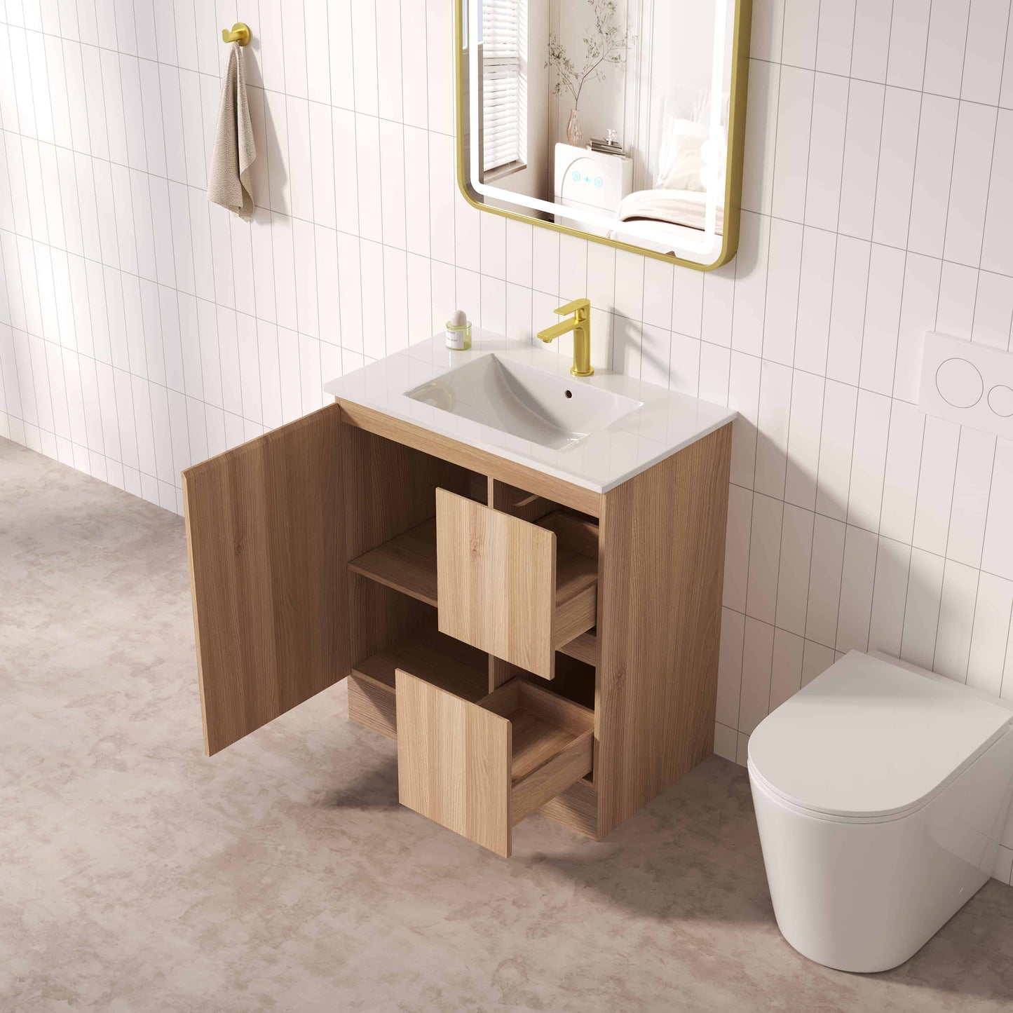 RITA 750mm Freestanding Cabinet (RHD)- Elegant Oak (+ ST-75-BK + KB-75HE-EO)