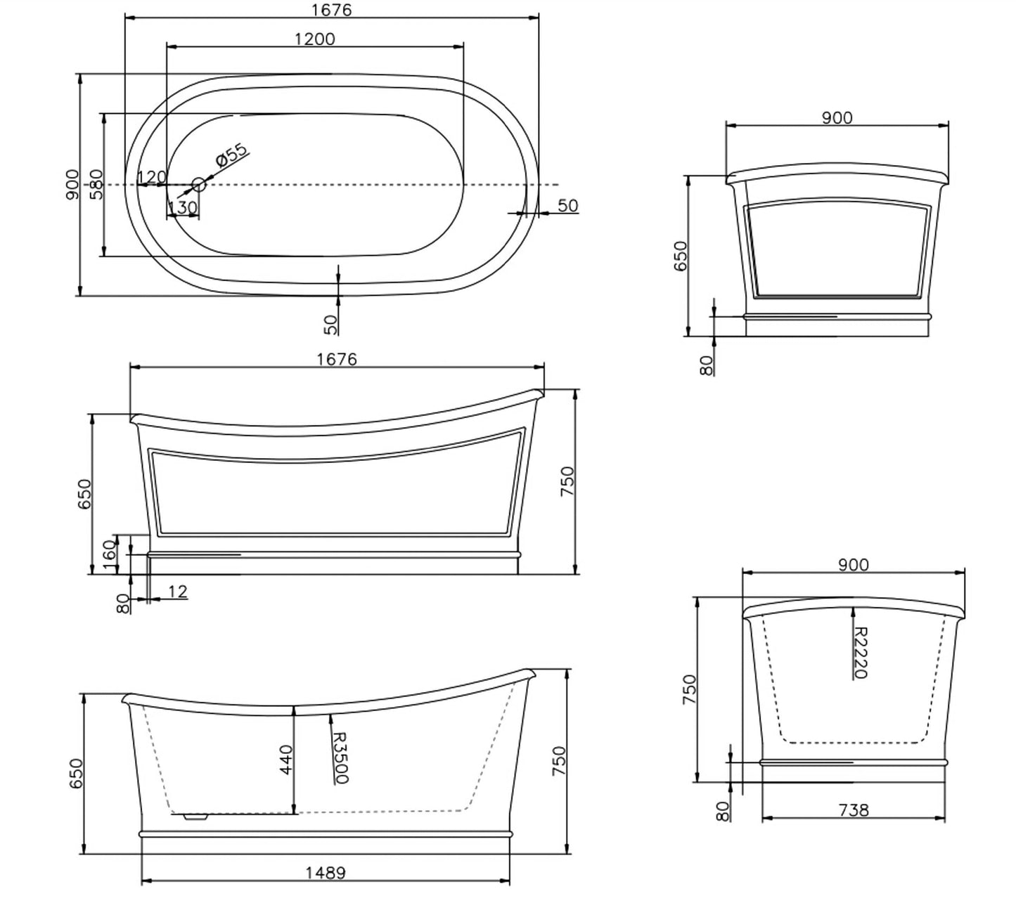 BELBAGNO RITZ FREESTANDING BATHTUB MATTE GREY AND  1676MM