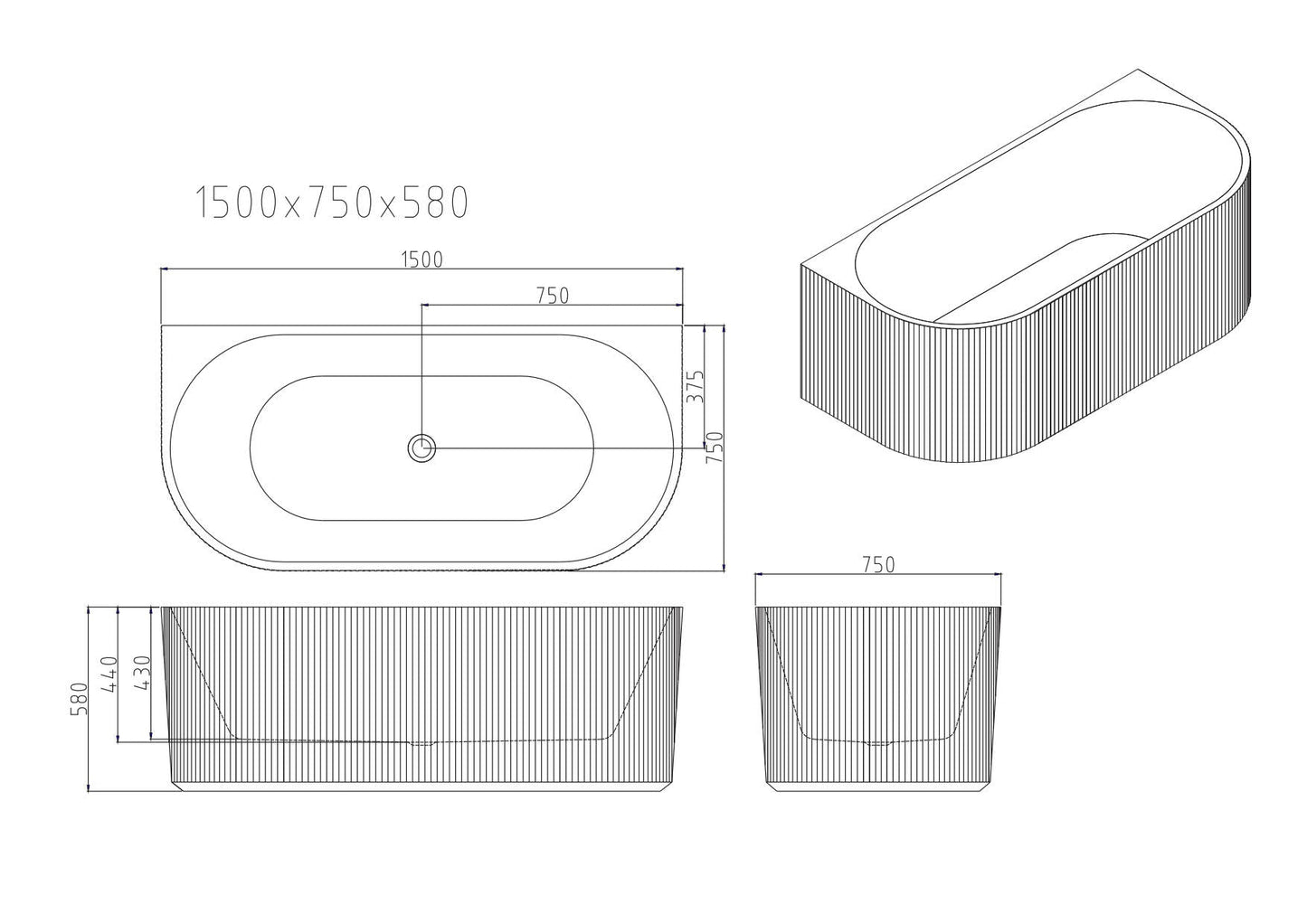 Rose Fluted Back-to-Wall Bathtub - 1700mm / Matt White