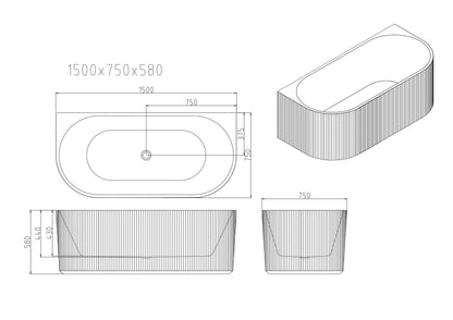 Rose Fluted Back-to-Wall Bathtub - 1700mm / Matt White