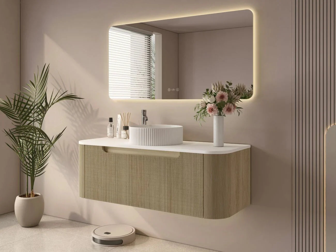 Rome 1200mm Wall-Hung Cabinet - Bur Oak - 1200mm / Bur Oak Cabinet & White Stone Top