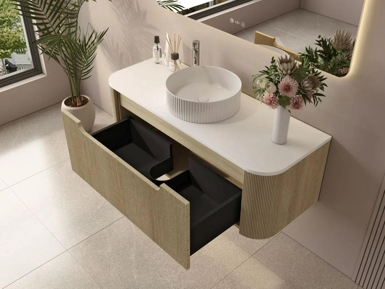 Rome 1200mm Wall-Hung Cabinet - Bur Oak - 1200mm / Bur Oak Cabinet & White Stone Top