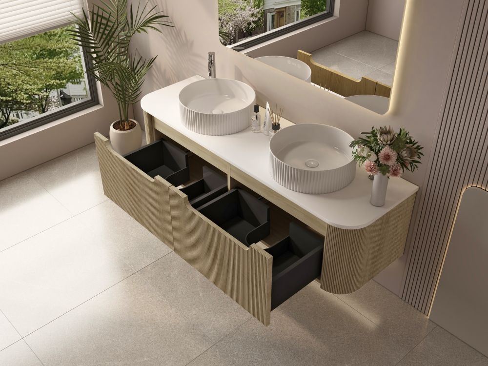 Rome 1500mm Wall-Hung Cabinet - Bur Oak - 1500mm / Bur Oak Cabinet & White Stone Top