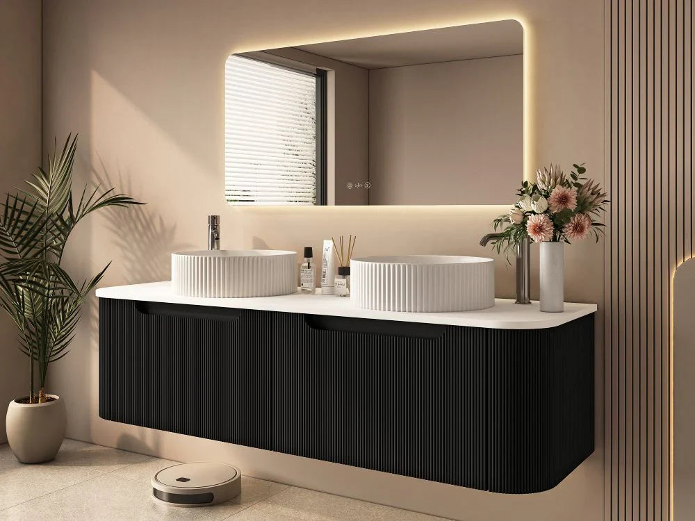 Rome 1500mm Wall-Hung Cabinet - Matt Black - 1500mm / Matt Black Cabinet & White Stone Top