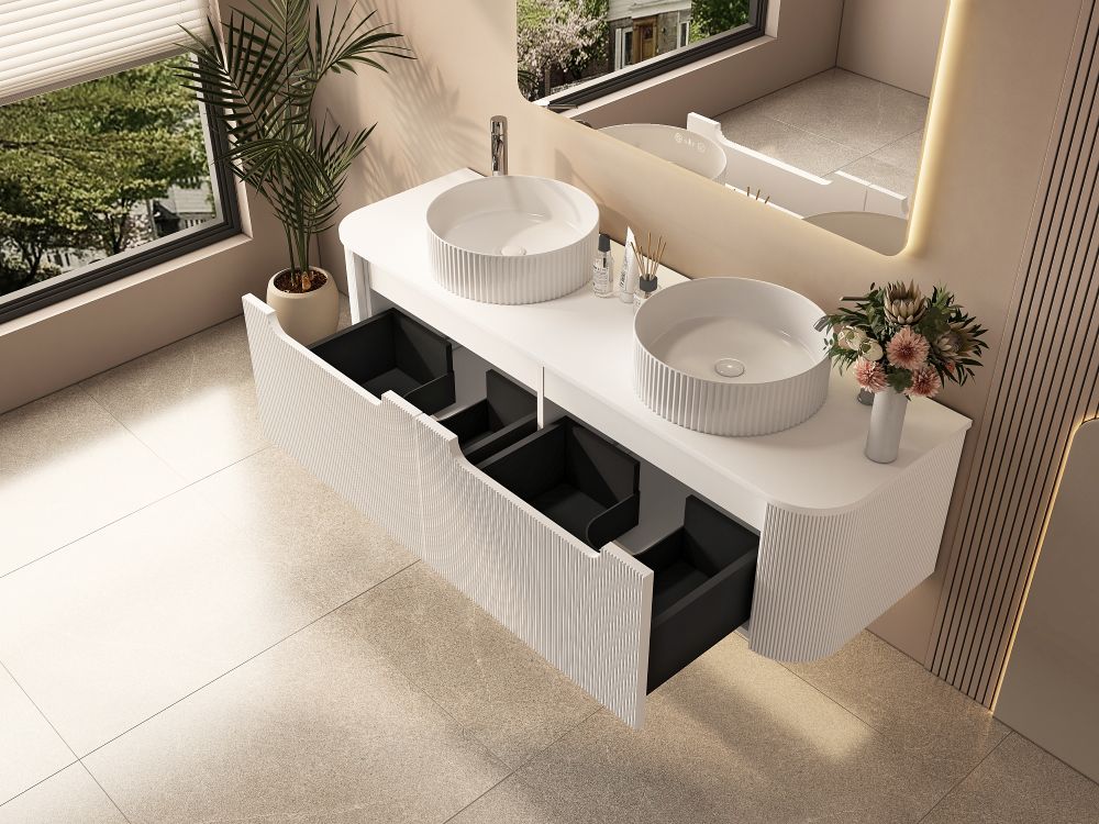 Rome 1500mm Wall-Hung Cabinet - Matt White - 1500mm / Matt White White Stone Top
