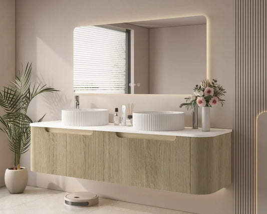 Rome 1800mm Wall-Hung Cabinet - Bur Oak - 1800mm / Bur Oak Cabinet & White Stone Top