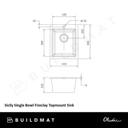Oliveri Sicily Single Bowl Fireclay Topmount Sink White