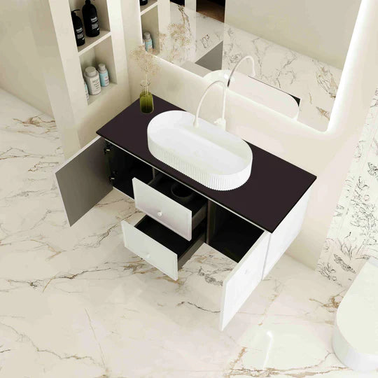 Seattle 1200mm Wall-Hung Cabinet - Matt White - 1200mm / Matt White Cabinet + Black Stone Top