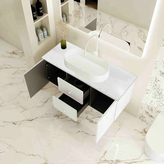 Seattle 1200mm Wall-Hung Cabinet - Matt White - 1200mm / Matt White Cabinet + Luna White Stone Top