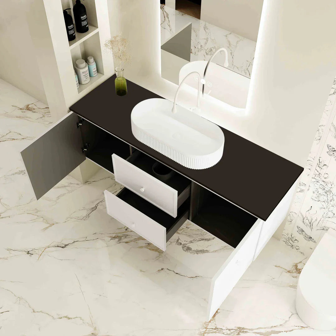 Seattle 1500mm Wall-Hung Cabinet - Matt White - 1500mm / Matt White Cabinet + Black Stone Top