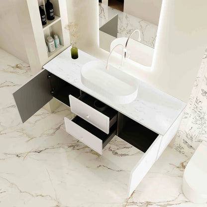Seattle 1500mm Wall-Hung Cabinet - Matt White - 1500mm / Matt White Cabinet + Carrara White Stone Top