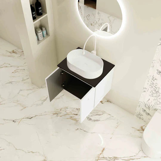 Seattle 600mm Wall-Hung Cabinet - Matt White - 600mm / Matt White Cabinet + Black Stone Top