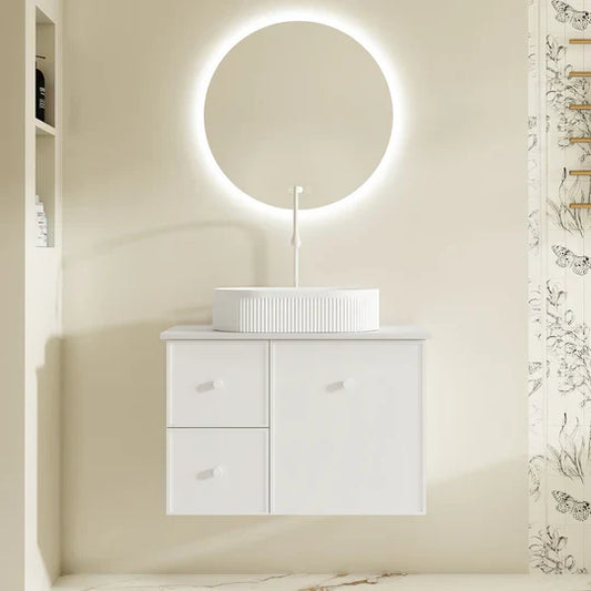 Seattle 750mm Wall-Hung Cabinet - Matt White - 750mm / Matt White Cabinet + Luna White Stone Top