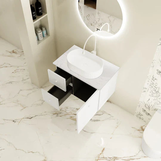 Seattle 750mm Wall-Hung Cabinet - Matt White - 750mm / Matt White Cabinet + Carrara White Stone Top