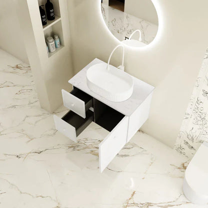 Seattle 750mm Wall-Hung Cabinet - Matt White - 750mm / Matt White Cabinet + Carrara White Stone Top
