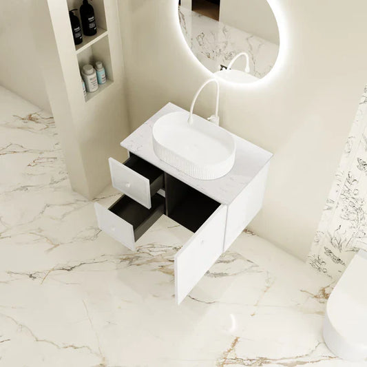Seattle 750mm Wall-Hung Cabinet - Matt White - 750mm / Matt White Cabinet + Carrara White Stone Top