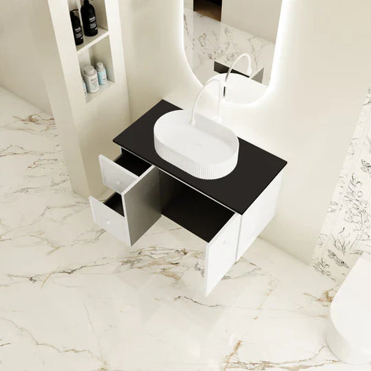 Seattle 900mm Wall-Hung Cabinet - Matt White - 900mm / Matt White Cabinet + Black Stone Top