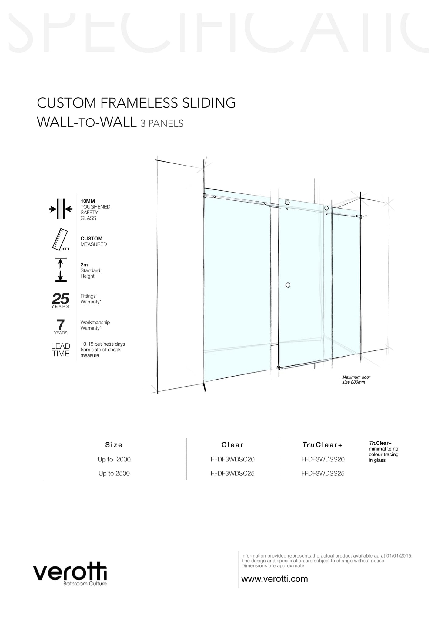 Custom Frameless Sliding Wall-To-Wall (3 Panels) - Up to 2500 / Clear / Concealed Channel