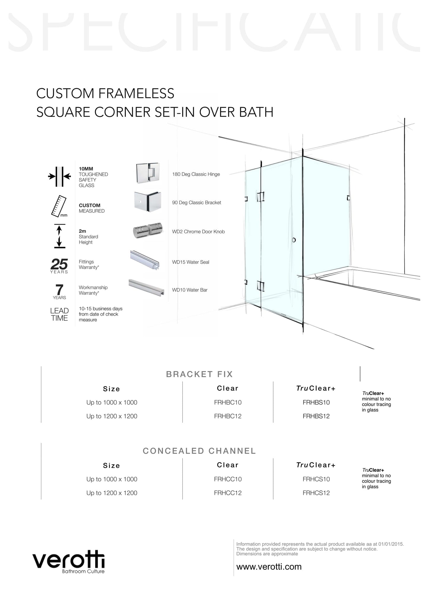 Custom Frameless Square Corner Set-In Over Bath - Up to 1200 x 1200 / Clear / Bracket